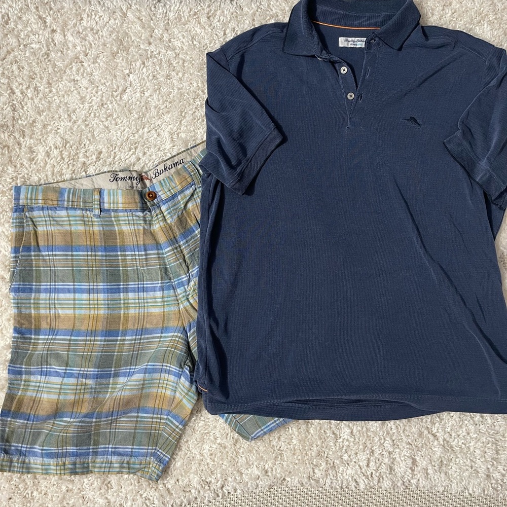 Tommy Bahama Dark Blue Polo Shirt and plaid shorts EUC size 38